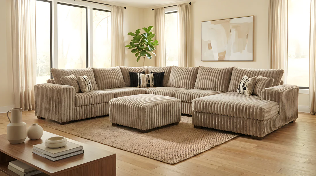 Plush channel-tufted sectional in a bright living room