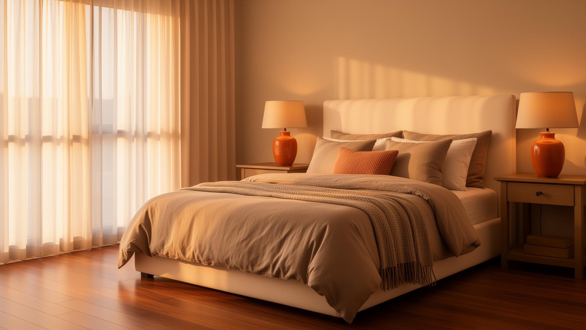 Cream upholstered bedroom with neutral bedding and warm lamps